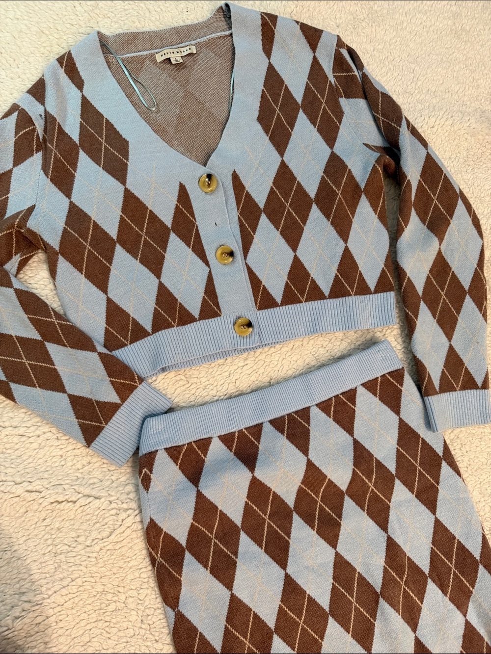 Haute Monde Blue and Brown Argyle Knit Two-Piece Set